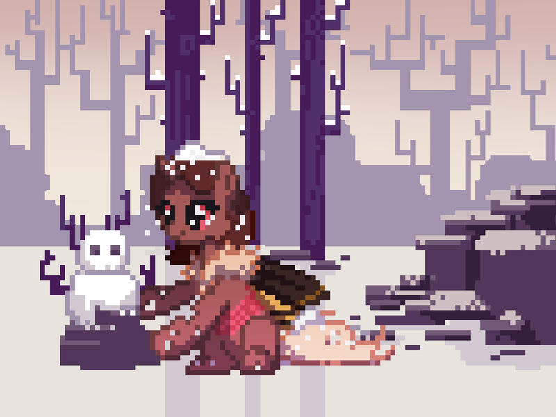 Size: 1000x750 | Tagged: artist:niehuaisang, changeling, derpibooru import, forest, oc, oc:red flux, pixel art, safe, snow, snowman, unofficial characters only, winter