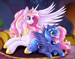 Size: 3948x3089 | Tagged: safe, artist:mailner, derpibooru import, princess celestia, princess luna, alicorn, pony, blushing, cewestia, crown, cute, cutie mark, fangs, female, filly, gem, heart eyes, jewelry, lipstick, looking at each other, lunabetes, nom, prone, regalia, royal sisters, s1 luna, siblings, sisters, spread wings, wingding eyes, wings, woona, younger