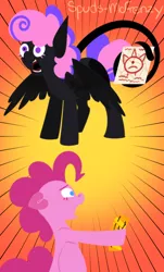 Size: 458x760 | Tagged: safe, artist:spuds-mcfrenzy, derpibooru import, pinkie pie, oc, oc:inky, earth pony, hybrid, comic:skinwalker, female, inkieverse, interspecies offspring, lineless, mare, offspring, parent:pinkie pie, parent:tantabus, prehensile tail, shocked, tail hold