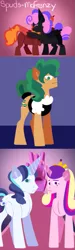 Size: 359x1200 | Tagged: safe, artist:spuds-mcfrenzy, derpibooru import, princess cadance, shining armor, oc, oc:eclipse, oc:inky, alicorn, earth pony, hybrid, unicorn, comic:skinwalker, clothes, comic, eyes closed, female, filly, hug, inkieverse, interspecies offspring, maid, male, mare, offspring, parent:pinkie pie, parent:tantabus, stallion