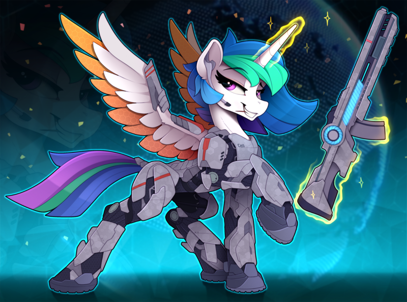 Size: 2200x1630 | Tagged: safe, artist:yakovlev-vad, derpibooru import, princess celestia, alicorn, pony, armor, fantasy class, female, future, grin, gun, headset, looking at you, magic, mare, raised hoof, smiling, smirk, solo, spread wings, telekinesis, toothpick, warrior, warrior celestia, weapon, wings, zoom layer