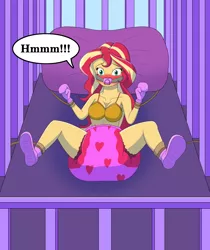 Size: 4500x5347 | Tagged: suggestive, artist:diaperednight, derpibooru import, sunset shimmer, comic:sunset's 12 labours, equestria girls, blushing, bondage, booties, bra, breasts, chalkboard, clothes, crib, diaper, diaper bondage, diaper fetish, diaper slave, fetish, gag, humiliation, mittens, muffled moaning, pacifier gag, poofy diaper, story included, triple diaper, underwear