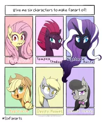 Size: 1600x1910 | Tagged: safe, artist:livehotsun, derpibooru import, applejack, derpy hooves, fluttershy, nightmare rarity, octavia melody, tempest shadow, bat pony, pegasus, pony, unicorn, six fanarts, bat ponified, cute, ear fluff, female, flutterbat, happy, looking at you, mare, race swap