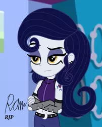 Size: 850x1050 | Tagged: safe, artist:rjp.rammy, derpibooru import, moonlight raven, equestria girls, belly button, belt, clothes, cutie mark tattoo, ear piercing, earring, equestria girls-ified, evening gloves, eyeshadow, female, gloves, goth, jacket, jeans, jewelry, long gloves, makeup, midriff, pants, piercing, sleeveless, solo, tattoo, unamused