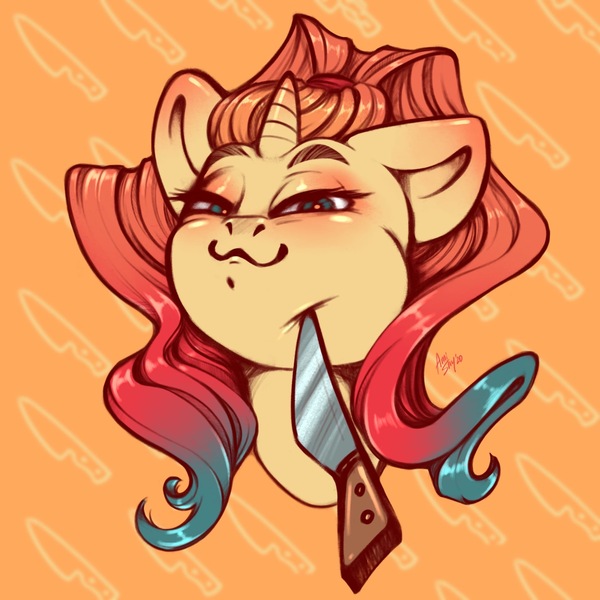 Size: 2048x2048 | Tagged: safe, artist:amishy, derpibooru import, oc, unofficial characters only, unicorn, bust, female, knife, knife cat, looking at you, mare, meme, ponified meme, portrait, smug, solo