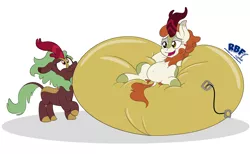 Size: 3400x2100 | Tagged: air mattress, artist:rupertbluefox, autumn blaze, belly button, boing, cheek squish, chubby, cinderbetes, cinder glow, cute, derpibooru import, female, fetish, inflatable, inflatable fetish, inflation, kirin, mare, mattress, on back, safe, simple background, squishy, squishy cheeks, summer flare, white background
