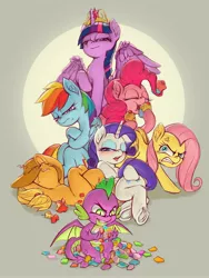 Size: 3000x4000 | Tagged: safe, artist:emerald-light, derpibooru import, applejack, fluttershy, pinkie pie, rainbow dash, rarity, spike, twilight sparkle, twilight sparkle (alicorn), alicorn, dragon, earth pony, pegasus, pony, unicorn, angry, arrogant, bedroom eyes, big crown thingy, blushing, claws, covering eyes, cowboy hat, crossed arms, crossed legs, cupcake, dragon hoard, eating, element of magic, evil grin, female, food, frog (hoof), furious, gem, glare, greed spike, greedy, grin, gritted teeth, hair flip, hat, hat over eyes, high res, hoof hold, jealous, jewelry, lazy, looking at you, male, mane hold, mane seven, mane six, mare, multicolored hair, pinkie being pinkie, ponytail, pouting, rariflirt, regalia, seven deadly sins, sin of envy, sin of gluttony, sin of greed, sin of lust, sin of pride, sin of sloth, sin of wrath, slit eyes, smiling, smirk, spread wings, stetson, straw in mouth, underhoof, vein bulge, wall of tags, winged spike, wings