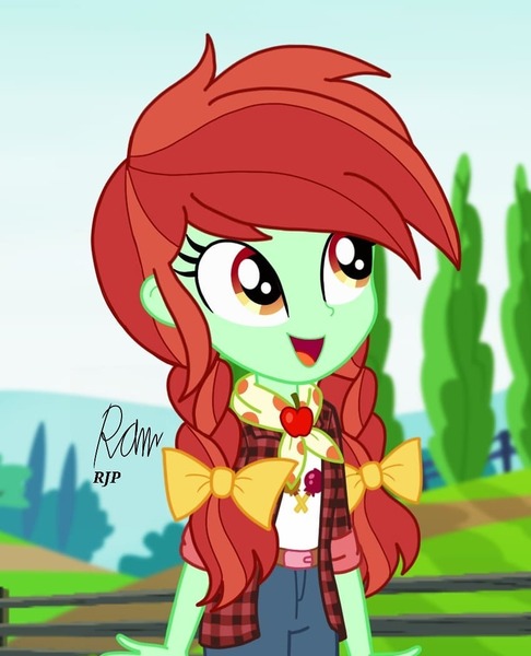 Size: 850x1050 | Tagged: safe, artist:rjp.rammy, derpibooru import, candy apples, equestria girls, apple family member, bandana, clothes, equestria girls-ified, female, flannel, jeans, open mouth, pants, shirt, solo, t-shirt