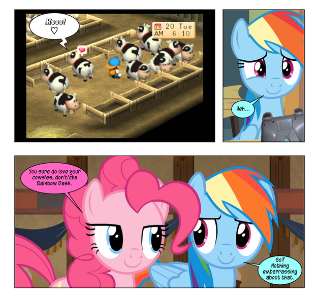 Size: 868x829 | Tagged: safe, artist:dziadek1990, derpibooru import, edit, edited screencap, screencap, pinkie pie, rainbow dash, cow, pony, comic, conversation, cute, dialogue, game, gaming, harvest moon, heart, playing, playstation, screencap comic, slice of life, smiling, smirk, text