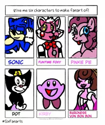Size: 818x977 | Tagged: safe, artist:kadiwright3, derpibooru import, pinkie pie, earth pony, pony, six fanarts, :p, baroness von bon bon, bust, crossover, cuphead, female, five nights at freddy's, funtime foxy, kirby, kirby (character), male, mare, nintendo, sega, smiling, sonic the hedgehog, sonic the hedgehog (series), studio ghibli, tongue out