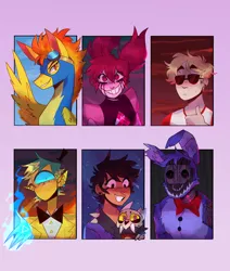 Size: 2048x2412 | Tagged: dead source, safe, artist:crysptrsh, derpibooru import, spitfire, human, pegasus, pony, six fanarts, bill cipher, bonnie, bust, clothes, crossover, dave strider, female, five nights at freddy's, goggles, grin, homestuck, king (the owl house), luz noceda, mare, smiling, spinel (steven universe), the owl house, uniform, withered bonnie, wonderbolts uniform