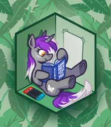Size: 3500x4000 | Tagged: safe, artist:simondrawsstuff, derpibooru import, oc, oc:belle eve, unofficial characters only, pony, unicorn, book, commission, horn, nintendo switch, sitting, solo, tape, text, unicorn oc, window, ych result