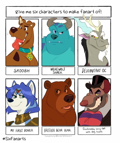 Size: 1072x1280 | Tagged: anthro, artist:igiveyoulemons, bear, brother bear, bust, choker, clothes, crossover, derpibooru import, discord, dog, draconequus, female, fox, hat, james p. sullivan, kenai, krystal, male, monsters inc., professor ratigan, rat, safe, scooby doo, six fanarts, smiling, smirk, star fox, the great mouse detective, top hat