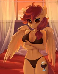 Size: 2058x2640 | Tagged: alcohol, alternate version, anthro, anthro oc, artist:u_lu_lu, bedroom, bedsheets, beer, black underwear, bra, breasts, clothes, curtain, derpibooru import, female, high res, looking at you, mare, oc, oc:vanilla creame, pegasus, solo, solo female, suggestive, sunsetting, underwear, unofficial characters only