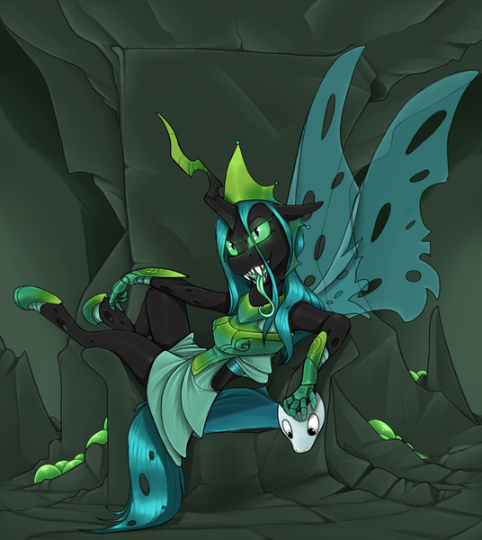 Size: 1250x1400 | Tagged: safe, artist:sinrar, derpibooru import, queen chrysalis, anthro, changeling, changeling queen, armor, clothes, fangs, female, looking at you, lounging, mask, solo, tongue out, ultimate chrysalis, wings