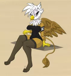 Size: 1200x1271 | Tagged: suggestive, artist:flutterthrash, derpibooru import, gilda, anthro, gryphon, arm band, breasts, busty gilda, clothes, female, image, leotard, looking at you, png, simple background, sitting, socks, solo, solo female, spread wings, stockings, thigh highs, thighs, wings