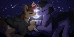 Size: 2000x1000 | Tagged: safe, artist:dreamy, artist:littledreamycat, derpibooru import, oc, oc:dreamheart, oc:screaming heart, earth pony, unicorn, couple, female, floating, husband and wife, love, magic, male, nightsky, romance, romantic, shooting stars