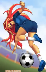 Size: 2394x3666 | Tagged: safe, artist:rambon7, derpibooru import, sunset shimmer, equestria girls, spoiler:comicequestriagirlsmarchradness, 2020, 2020s, ass, bunset shimmer, butt, cleats, clothes, female, football, legs, looking down, motion blur, open mouth, sexy, shirt, shoes, shorts, soccer field, soccer shoes, socks, sports, sports shorts, t-shirt, this will end in pain, tomboy