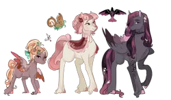 Size: 2300x1347 | Tagged: safe, artist:bunnari, derpibooru import, oc, oc:crow symphony, oc:gentle lullaby, oc:giselle bird, unofficial characters only, earth pony, pegasus, pony, female, filly, hair over one eye, magical lesbian spawn, male, mare, offspring, parent:fluttershy, parent:octavia melody, parents:fluttertavia, siblings, simple background, stallion, transparent background, unshorn fetlocks