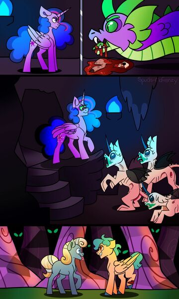 Size: 1024x1707 | Tagged: grimdark, artist:spuds-mcfrenzy, derpibooru import, spike, twilight sparkle, twilight sparkle (alicorn), oc, oc:dapper dash, oc:winter gust, alicorn, dragon, earth pony, pegasus, pony, comic:skinwalker, blood, comic, dead, female, imminent death, inkieverse, male, mare, monster, severed leg, skinwalker, skull, sombra eyes, stallion