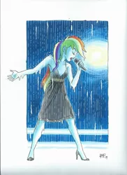 Size: 1700x2338 | Tagged: safe, artist:tonyfleecs, derpibooru import, rainbow dash, equestria girls, armpits, black dress, clothes, commissioner:ajnrules, drenched, dress, high heels, lipstick, little black dress, microphone, rain, rainbow dash always dresses in style, shoes, singing, singing in the rain, sleeveless, soaked, solo, spotlight, traditional art, wet, wet clothes, wet dress
