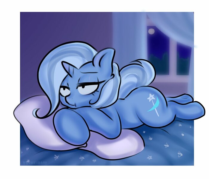 Size: 1024x878 | Tagged: safe, artist:yutakira92, derpibooru import, trixie, pony, unicorn, :t, bed, bored, curtain, female, mare, on bed, pillow, prone, solo, window