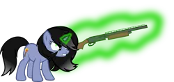 Size: 1856x878 | Tagged: safe, artist:isaac_pony, derpibooru import, oc, oc:shainer, oc:shainer shrapnel shock, pony, unicorn, angry, black mane, cutie mark, doom, doom equestria, female, green eyes, green magic, gun, magic, shotgun, simple background, solo, transparent background, vector, weapon