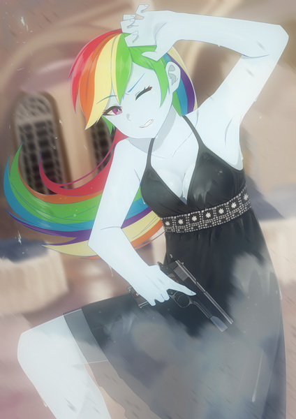 Size: 2480x3508 | Tagged: safe, artist:yanafian, derpibooru import, rainbow dash, equestria girls, armpits, black dress, breasts, cleavage, clothes, commissioner:ajnrules, dress, gun, handgun, little black dress, m1911, one eye closed, party, pistol, rainbow dash always dresses in style, shielding face, solo, sprinkler, weapon, wet clothes, wet dress