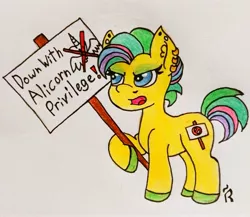 Size: 3120x2709 | Tagged: safe, artist:dawn-designs-art, derpibooru import, oc, oc:karen, earth pony, pony, angry, blue eyes, female, green mane, karen, mare, protest, social justice warrior, solo, traditional art, yellow coat