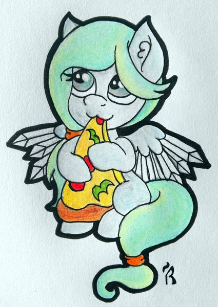 Size: 2850x4020 | Tagged: safe, artist:dawn-designs-art, derpibooru import, oc, unnamed oc, pegasus, pony, base used, crystal wings, cute, eating, food, pizza, sitting, solo, traditional art, wings