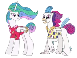 Size: 3264x2448 | Tagged: alicorn, artist:supahdonarudo, classical hippogriff, clothes, derpibooru import, excited, hawaiian shirt, hippogriff, my little pony: the movie, ponytail, princess celestia, queen novo, safe, shirt, simple background, transparent background, vacation