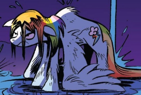 Size: 496x333 | Tagged: artist:andypriceart, cropped, death stare, derpibooru import, idw, official comic, pegasus, rainbow dash, safe, spoiler:comic25, the good the bad and the ponies, wet, wet hair, wet mane, wet wings