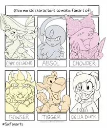 Size: 754x900 | Tagged: safe, artist:crumb_mouse, derpibooru import, captain celaeno, absol, big cat, bird, duck, gryphon, tiger, six fanarts, my little pony: the movie, bowser, bracelet, chest fluff, chowder, crossed arms, crossover, della duck, ear piercing, earring, female, fork, hat, jewelry, knife, limited palette, male, open mouth, piercing, pirate, pirate hat, pokémon, smiling, spiked wristband, tigger, wristband