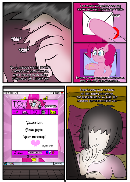 Size: 1735x2440 | Tagged: artist:otakon, brony, comic, comic:meeting pinkie, commission, computer, derpibooru import, human, male, microsoft, pinkie pie, safe, windows, windows 7