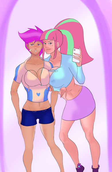 Size: 1330x2048 | Tagged: artist:annon, belly button, breasts, busty scootaloo, busty sour sweet, cleavage, derpibooru import, female, human, humanized, scootaloo, sour sweet, suggestive