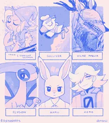 Size: 1470x1649 | Tagged: safe, artist:dotoriii, derpibooru import, starlight glimmer, trixie, anthro, flygon, rabbit, unicorn, six fanarts, animal, animal crossing, anthro with ponies, beastars, bloodborne, bunnified, bunny out of the hat, cape, clothes, female, floating, frown, gulliver, haru, haru (beastars), hat, limited palette, magic trick, pokémon, raised hoof, smiling, space, species swap, unamused