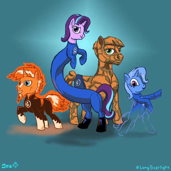 Size: 2000x2000 | Tagged: safe, artist:scarletdex8299, derpibooru import, mudbriar, starlight glimmer, sunburst, trixie, earth pony, pony, unicorn, crossover, elastic, fantastic four, female, fiery sunburst, high res, human torch, invisible woman, long glimmer, long pony, male, mare, marvel, meme, mr. fantastic, stallion, the thing (marvel)