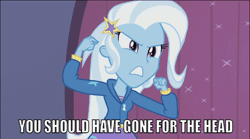 Size: 600x334 | Tagged: safe, derpibooru import, edit, edited screencap, screencap, trixie, equestria girls, rainbow rocks, animated, avengers: infinity war, caption, finger snap, image macro, meme, solo, text, thanos, trixie yells at everything, you should've gone for the head