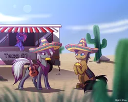 Size: 2500x2000 | Tagged: safe, artist:spirit-fire360, derpibooru import, earth pony, pony, unicorn, cactus, clothes, commission, desert, female, food, guitar, hat, male, mare, musical instrument, smiling, sombrero, stallion, taco, trio