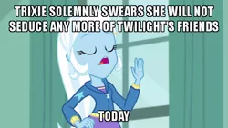 Size: 640x360 | Tagged: safe, derpibooru import, edit, edited screencap, screencap, trixie, a little birdie told me, equestria girls, equestria girls series, blatant lies, caption, image macro, meme, oath, text, trixie gets all the mares, trixie yells at everything