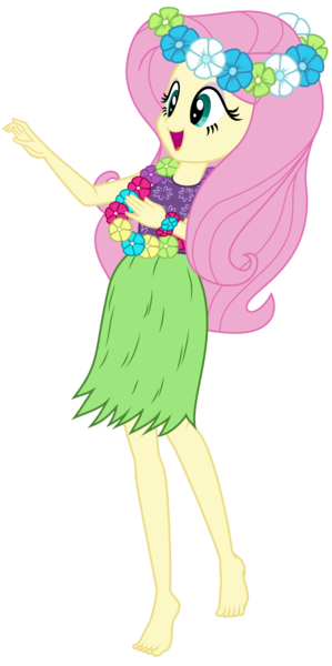 Size: 2000x4008 | Tagged: safe, artist:discorded, derpibooru import, edit, fluttershy, equestria girls, barefoot, clothes, feet, female, floral head wreath, flower, grass skirt, hawaiian flower in hair, hula, hulashy, open mouth, pose, simple background, skirt, smiling, solo, transparent background, vector