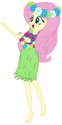 Size: 2000x4008 | Tagged: safe, artist:discorded, derpibooru import, edit, fluttershy, equestria girls, barefoot, clothes, feet, female, floral head wreath, flower, grass skirt, hawaiian flower in hair, hula, hulashy, open mouth, pose, simple background, skirt, smiling, solo, transparent background, vector