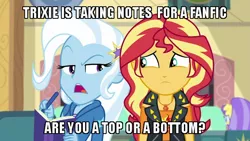 Size: 640x360 | Tagged: suggestive, derpibooru import, edit, edited screencap, screencap, sunset shimmer, trixie, fanfic, equestria girls, equestria girls series, forgotten friendship, awkward, caption, image macro, meme, notes, text, too much information, trixie yells at everything