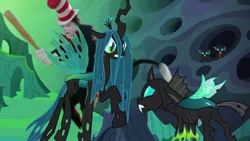 Size: 800x450 | Tagged: baseball bat, bat, changeling, changeling hive, changeling kingdom, changeling queen, confrontation, derpibooru import, edit, edited screencap, female, male, mike myers, queen chrysalis, raised hoof, safe, screencap, the cat in the hat, thorax, to where and back again
