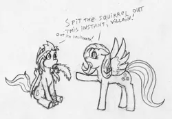 Size: 1169x815 | Tagged: safe, artist:siegfriednox, derpibooru import, fluttershy, oc, oc:slasher smile, pegasus, pony, squirrel, female, mare, monochrome, predation, sitting, traditional art, vore