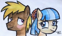 Size: 2835x1655 | Tagged: safe, artist:melisareb, derpibooru import, coco crusoe, coco pommel, earth pony, pony, blushing, cocobetes, crack shipping, cute, dialogue, female, looking at each other, male, mare, pommelcrusoe, shipping, stallion, straight, traditional art