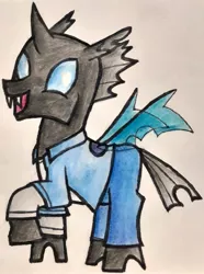 Size: 1745x2350 | Tagged: artist:melisareb, changeling, clothes, crossover, cute, cuteling, derpibooru import, kevin (changeling), kevin levin, looking at you, name pun, raised hoof, safe, solo, traditional art, wings