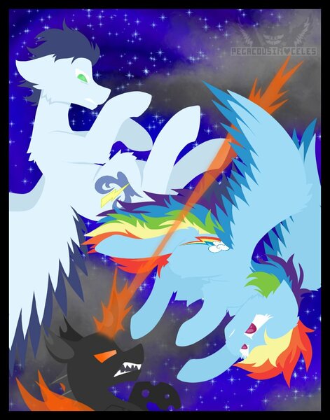 Size: 1100x1400 | Tagged: safe, artist:pegacousin, artist:pegacousinceles, derpibooru import, rainbow dash, soarin', changeling, backwards cutie mark, comrades, female, fight, flying, magic, male, night, orange changeling, shipping, sky, soarindash, stars, straight