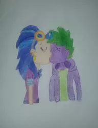 Size: 2005x2605 | Tagged: artist needed, safe, derpibooru import, indigo zap, spike, human, equestria girls, female, human spike, humanized, kissing, male, shipping, spike gets all the crystal prep, spike gets all the equestria girls, spindigo, straight, traditional art