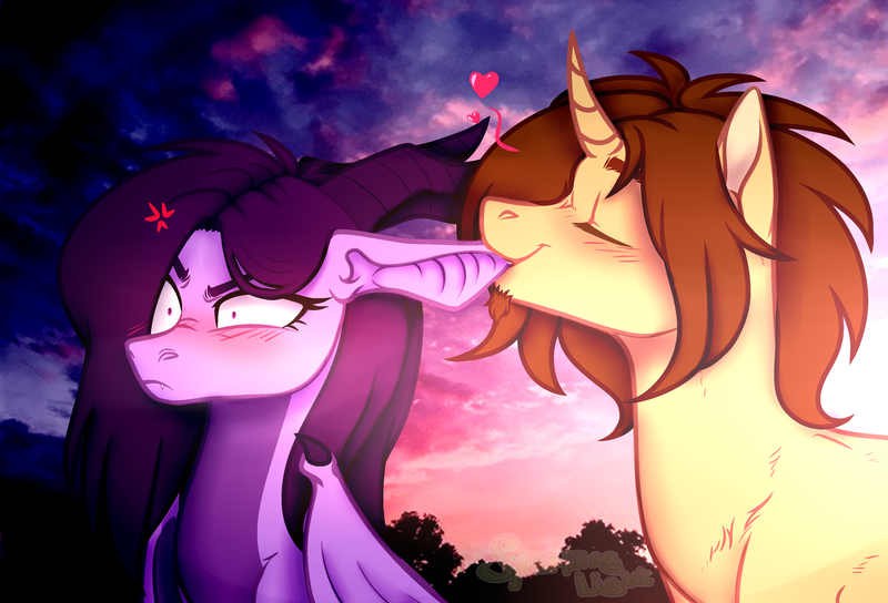 Size: 3516x2392 | Tagged: suggestive, artist:berrybrownie, artist:sparkling_light, derpibooru import, oc, oc:blackwell, oc:kiya, unofficial characters only, dragon, pony, unicorn, annoyed, base used, biting, blushing, cute, duo, ear bite, evening, female, love, love bite, male, nom, ponysona, shrunken pupils, sky, smiling, stallion, tsundere, wings